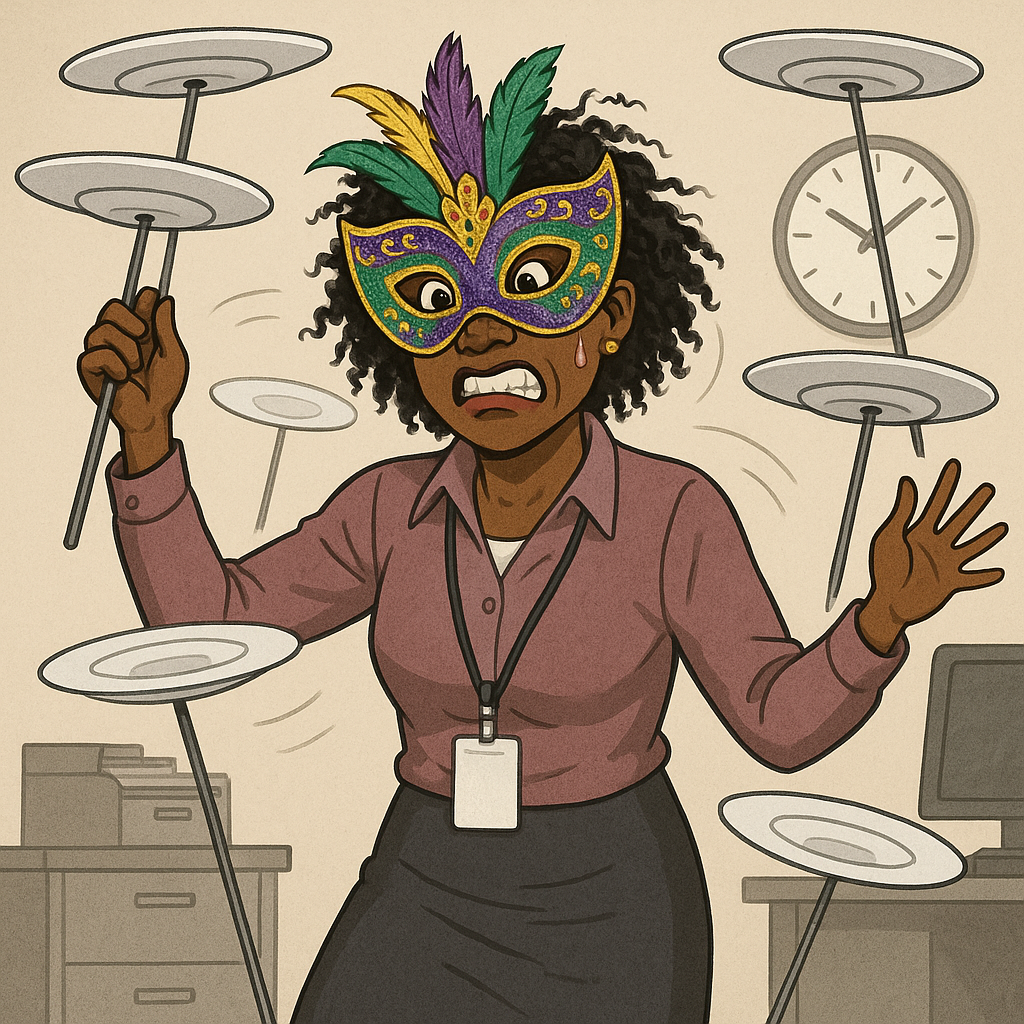 Picture of a frazzled employee wearing a mask and trying to spin many plates in the air.
